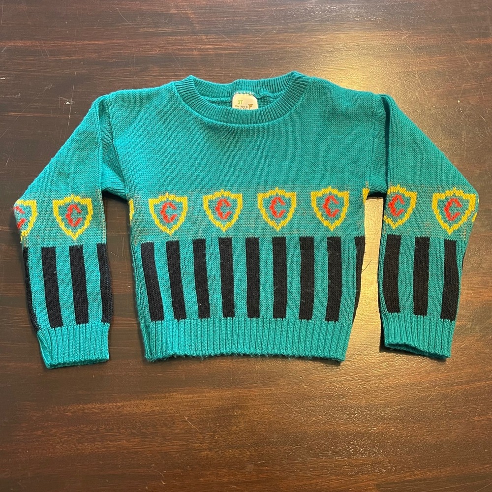 Vintage Sears Toddler 3T Teal Graphic Knit Sweater Crest Stripe Made in USA